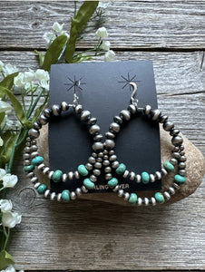 Southwestern SterlingSilver Green Turquoise Pearls Double Loop Earrings 2.5 Inch