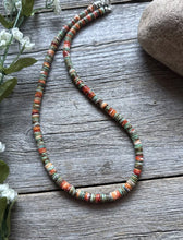 Load image into Gallery viewer, Sterling Silver Orange Spiny Oyster Green Turquoise Heishi Bead Necklace 18 inch