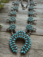 Load image into Gallery viewer, Vintage Navajo Sterling Silver Blue Turquoise Squash Blossom Pearls Necklace T