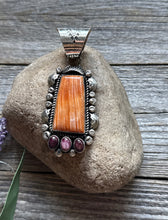 Load image into Gallery viewer, Native American Sterling Silver Orange Purple Spiny Oyster Pendant R Yazzie