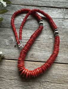 Southwestern Sterling Silver Graduated Bamboo Red Coral Bead Necklace 28 inch