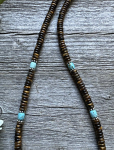 Southwestern 925 Sterling Silver Blue Turquoise Tigers Eye Bead Necklace 18 inch