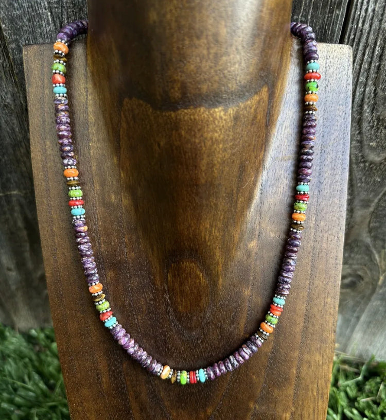 Sterling Silver Multi Stone Purple Spiny Oyster Bead Necklace 18 Inch Gift