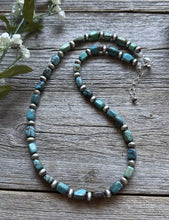 Load image into Gallery viewer, Sterling Silver Blue Green Turquoise Nuggets W Pearls Bead Necklace. 18 inch