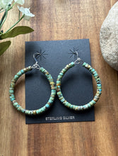 Load image into Gallery viewer, Sterling Silver Green Turquoise Heishi Bead Loop Hoop Earrings.