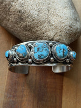 Load image into Gallery viewer, Navajo Native American Sterling Silver Blue Turquoise Row Cuff Bracelet J Nelson