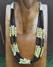 Load image into Gallery viewer, Sterling Silver Multi Strand Black Onyx Turquoise Nuggets Bead Necklace. 24 Inch