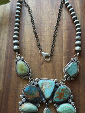 Load image into Gallery viewer, Navajo Sterling Silver Blue Green Royston Turquoise Lariat Pearls Naja Necklace