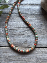 Load image into Gallery viewer, Sterling Silver Orange Spiny Oyster Green Turquoise Heishi Bead Necklace 18 inch