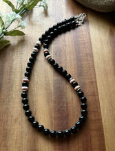 Load image into Gallery viewer, Sterling Silver Black Onyx Pink Conch Bead Necklace. 18 Inch Gift