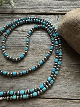Load image into Gallery viewer, Long Sterling Silver Blue Turquoise W 6mm Pearls Bead Necklace 43 inch Gift