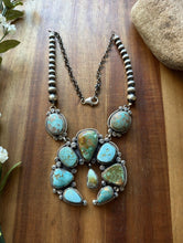 Load image into Gallery viewer, Navajo Sterling Silver Blue Green Royston Turquoise Lariat Pearls Naja Necklace