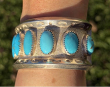 Load image into Gallery viewer, Navajo Native American Sterling Silver Blue Turquoise Row Cuff Bracelet PC