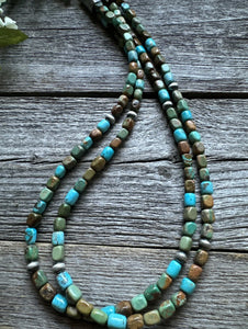 Sterling Silver Multi 2 Strand Blue Green Turquoise Bead Necklace. 20 inch