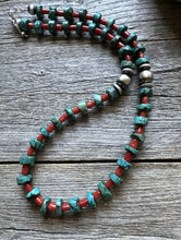 Load image into Gallery viewer, Sterling Silver Heishi Turquoise Coral Bead Necklace. 18 inch