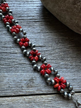 Load image into Gallery viewer, Floral Sterling Silver Red Bamboo Coral Pearls Bead Bracelet. 7 Inch
