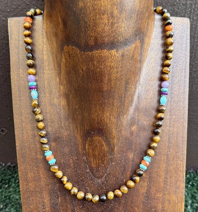 Tigers Eye Multi Stone Color Sterling Silver Bead Necklace. 18 inch Gift
