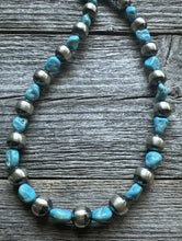 Load image into Gallery viewer, Sleeping Beauty Turquoise Sterling Silver Nuggets Pearls Bead Necklace. 18 inch