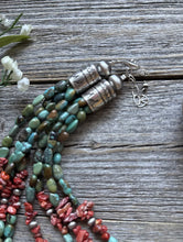Load image into Gallery viewer, Sterling Silver Multi Strand Blue Green Turquoise Spiny Oyster Bead Necklace 20”
