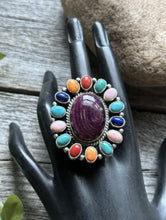 Load image into Gallery viewer, Navajo Sterling Silver Multi Stone Spiny Cluster Adjustable Ring. G James