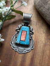 Load image into Gallery viewer, Albert Jake Navajo Sterling Silver Blue Turquoise Spiny Oyster Inlay Pendant