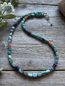 Sterling Silver Blue Green Turquoise Multi Stone Bead Necklace. 18 inch