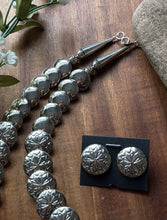 Load image into Gallery viewer, Navajo Sterling Silver Turquoise Stamped Pillow Beads Bead Necklace Earrings 22”