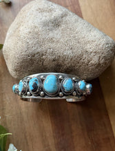Load image into Gallery viewer, Navajo Native American Sterling Silver Blue Turquoise Row Cuff Bracelet J Nelson