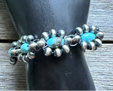 Load image into Gallery viewer, Floral Sterling Silver Turquoise Pearls Bead Bracelet. 6 Inch