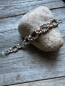 Floral Sterling Silver Orange Spiny Oyster Pearls Bead Bracelet. 7 Inch