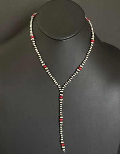Sterling Silver Red Coral W Pearls Bead Lariat Y Necklace. 26 inch