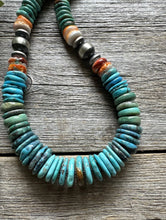 Load image into Gallery viewer, Sterling Silver Graduated Blue Green Turquoise Spiny Bead Necklace. 18 inch