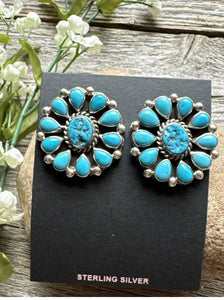 Navajo Native American Sterling Silver Turquoise Cluster Stud Earrings