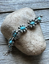 Load image into Gallery viewer, Floral Sterling Silver Turquoise Pearls Bead Bracelet. 6 Inch