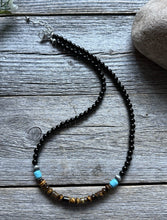 Load image into Gallery viewer, Sterling Silver Black Onyx Tigers Eye Turquoise Bead Necklace. 18 Inch Gift