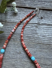 Load image into Gallery viewer, Heishi Sterling Silver Sleeping Beauty Turquoise Spiny Oyster Bead Necklace 18”