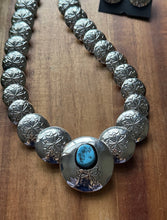 Load image into Gallery viewer, Navajo Sterling Silver Turquoise Stamped Pillow Beads Bead Necklace Earrings 22”