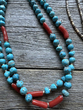 Load image into Gallery viewer, Native American Sterling Silver Multi Strand Turquoise Coral Bead Necklace 34”