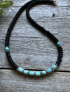 Southwestern 925 Sterling Silver Black Onyx Turquoise Bead Necklace 18 Inch