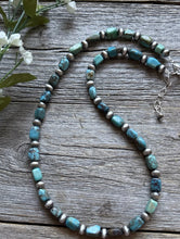 Load image into Gallery viewer, Sterling Silver Blue Green Turquoise Nuggets W Pearls Bead Necklace. 18 inch