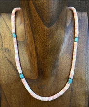 Load image into Gallery viewer, Sterling Silver Heishi Pink Conch Turquoise Bead Necklace 18 Inch