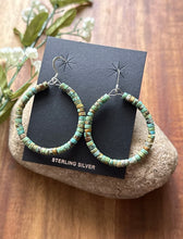 Load image into Gallery viewer, Sterling Silver Green Turquoise Heishi Bead Loop Hoop Earrings.
