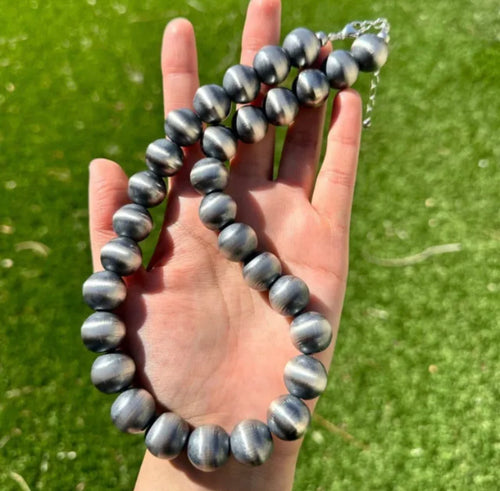 16mm 12 Inch 925 Sterling Silver Oxidized Pearls Bead Necklace Southwestern