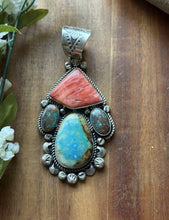 Load image into Gallery viewer, Navajo Native Sterling Silver Multi Stone Turquoise Red Spiny Oyster Pendant RY