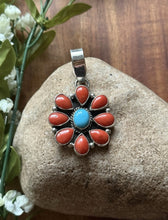 Load image into Gallery viewer, Navajo Sterling Silver Red Coral Turquoise Cluster Pendant LY