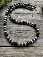 Load image into Gallery viewer, Southwestern Sterling Silver Black Onyx 10mm Pearls Bead Necklace. 26 Inch. Gift