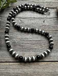 Southwestern Sterling Silver Black Onyx 10mm Pearls Bead Necklace. 26 Inch. Gift