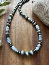Load image into Gallery viewer, Sterling Silver White Buffalo Turquoise Nuggets W Pearls Bead Necklace. 18 inch