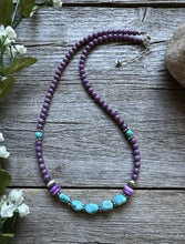 Load image into Gallery viewer, Southwestern 925 Sterling Silver Dyed Sugilite W Turquoise Bead Necklace 18 inch