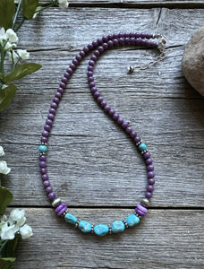 Southwestern 925 Sterling Silver Dyed Sugilite W Turquoise Bead Necklace 18 inch